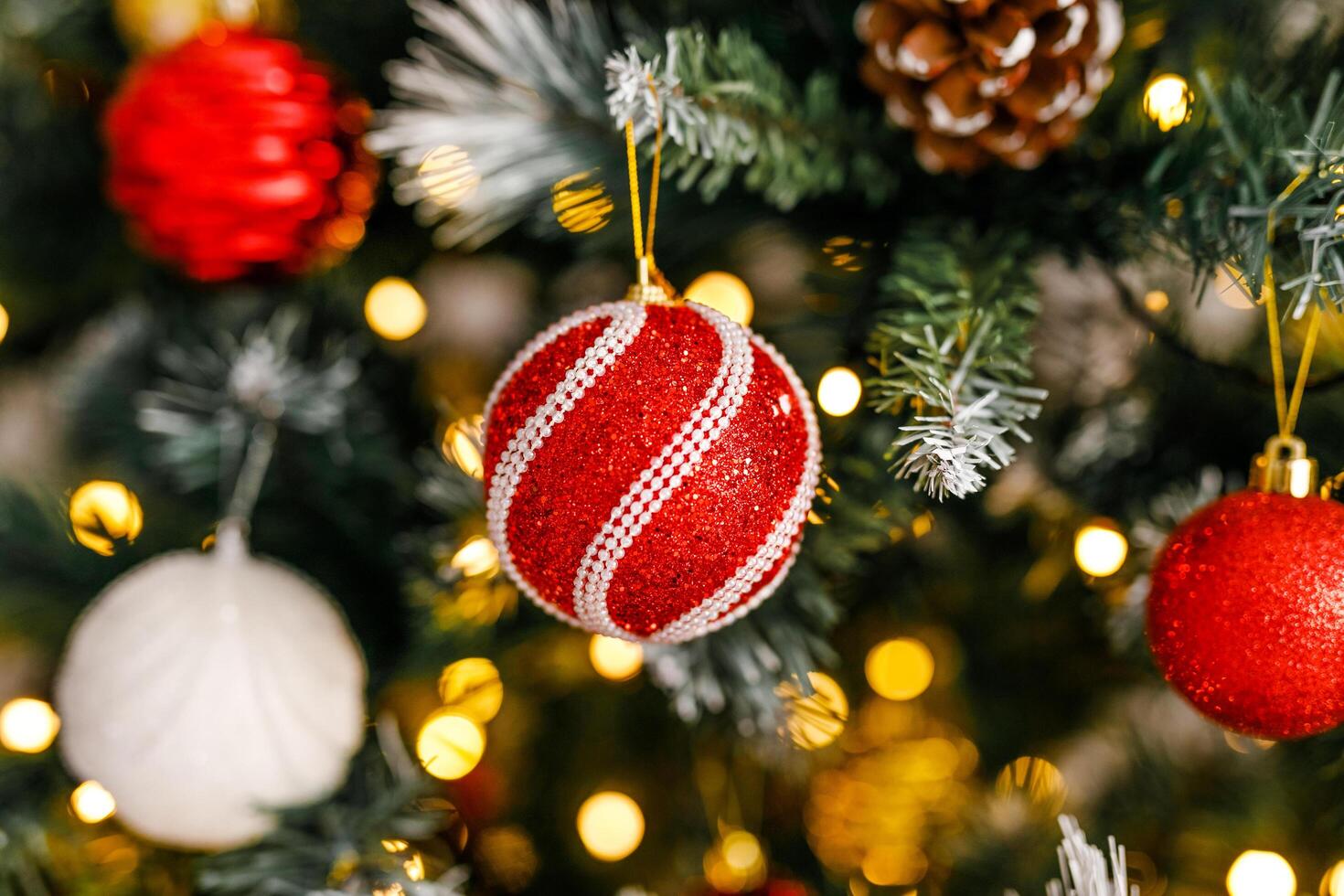 A close-up of red and silver glittering ornaments on a branch of a Christmas tree photo