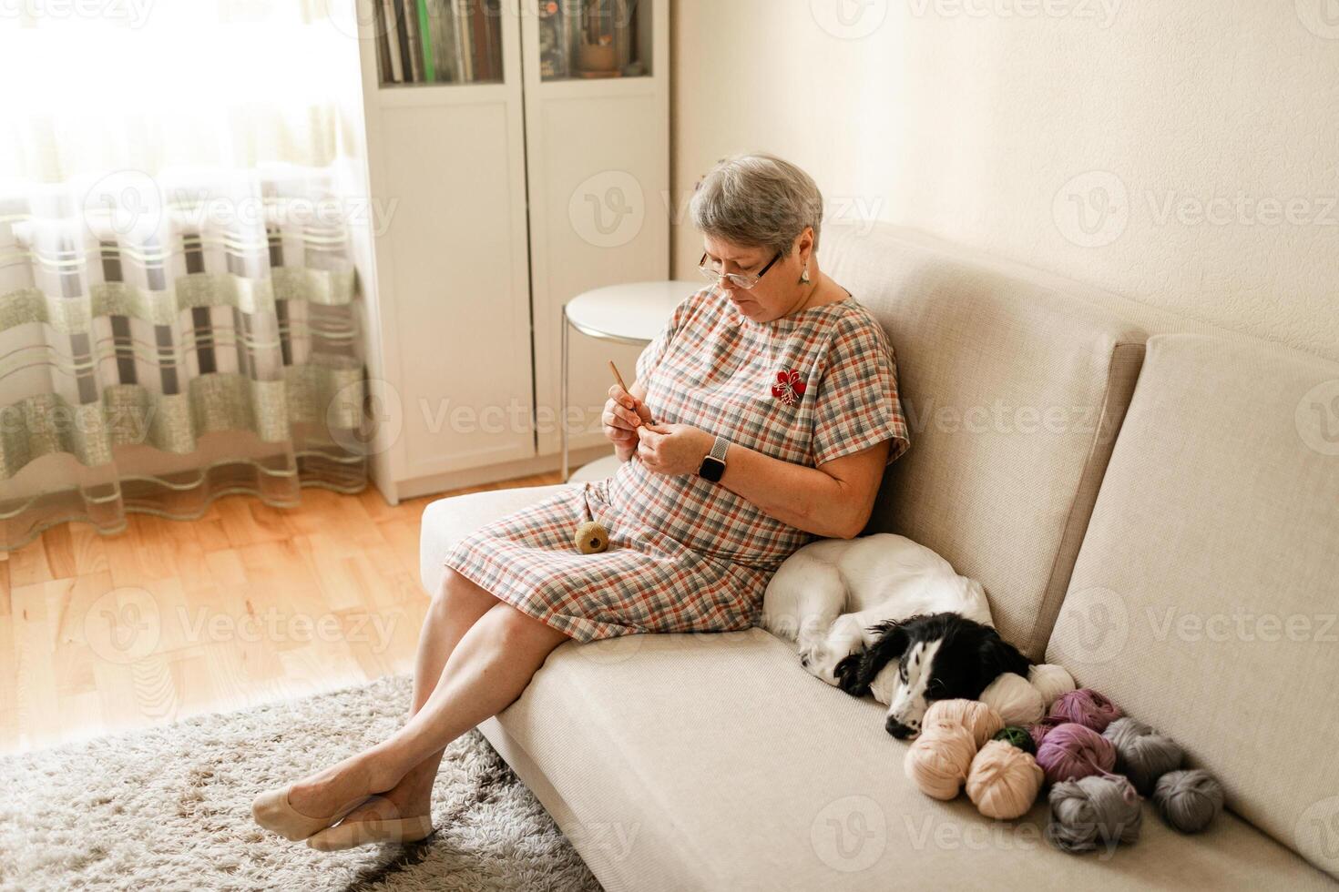 Old woman in glasses crocheting at home with her white dog next to her photo