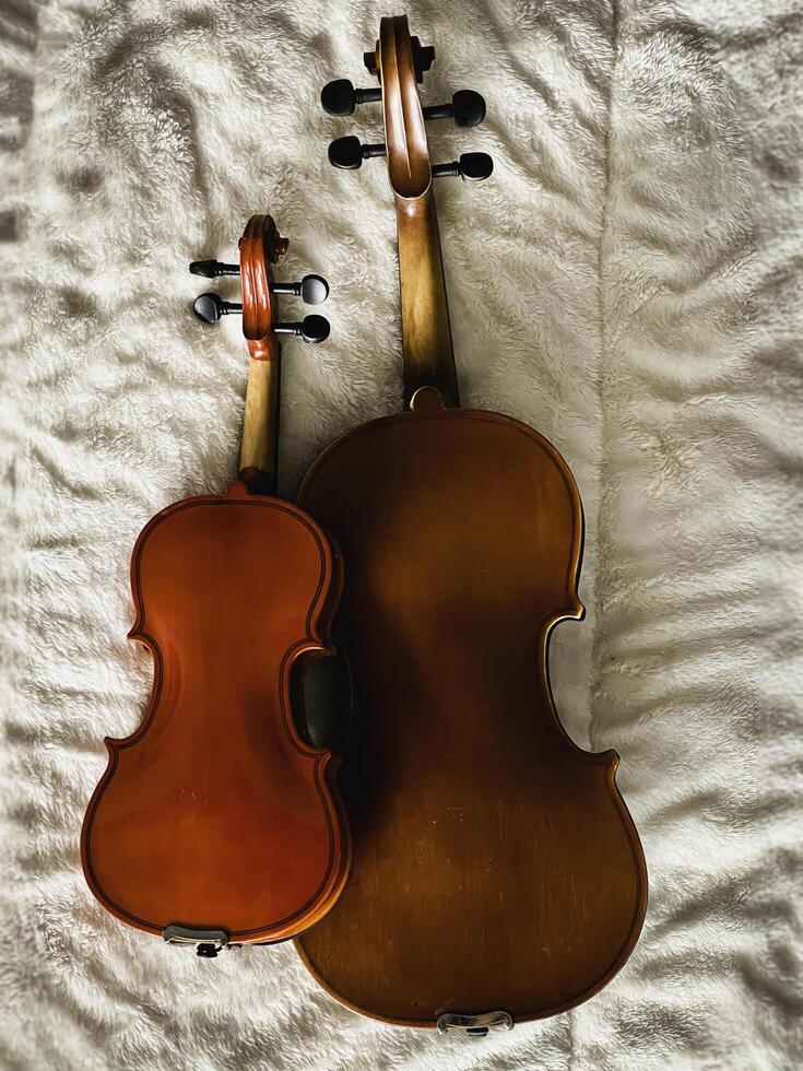 Back side of two violins,different size,put on soft cotton cloth, photo