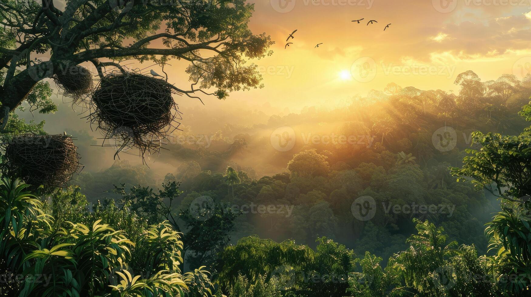 serene sunrise over a lush forest with bird nests nestled in the trees photo