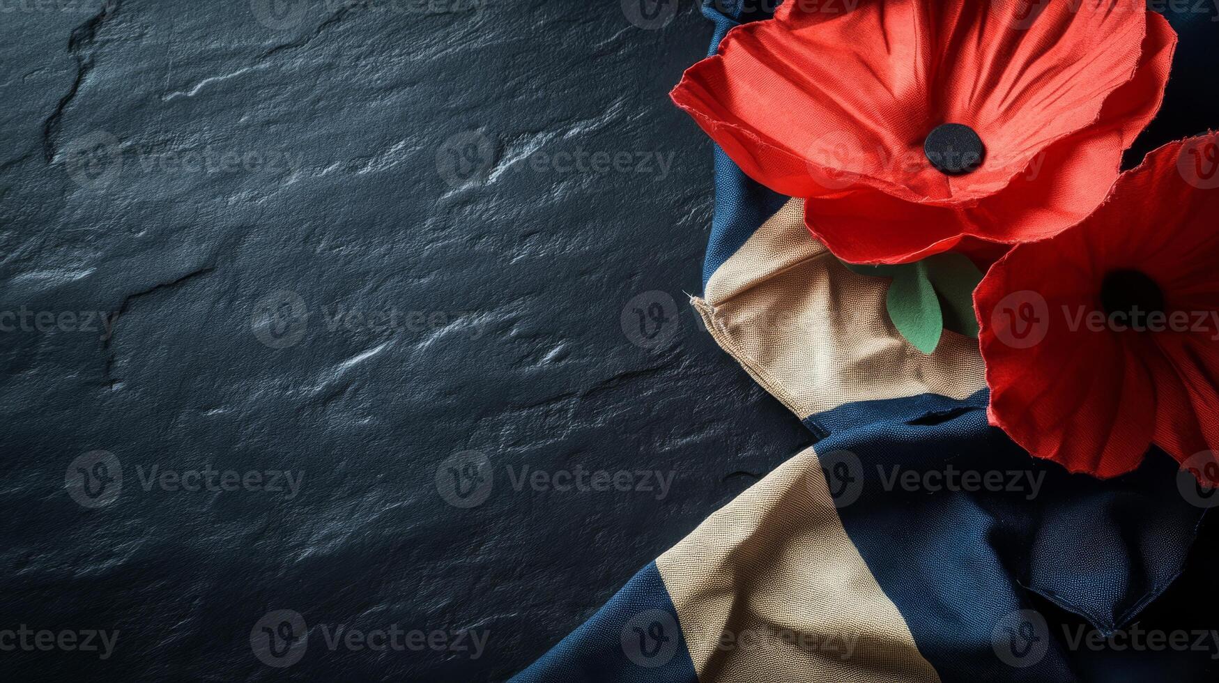 Red Poppy Flowers on Dark Slate Background with Navy and Beige Fabric photo