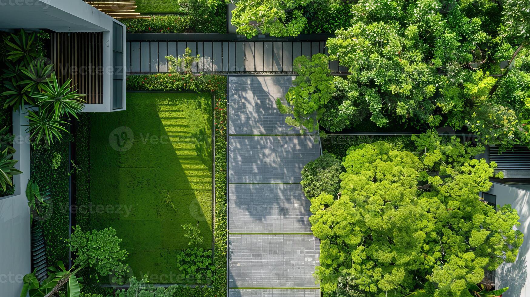 Aerial View of Modern House with Lush Green Garden photo