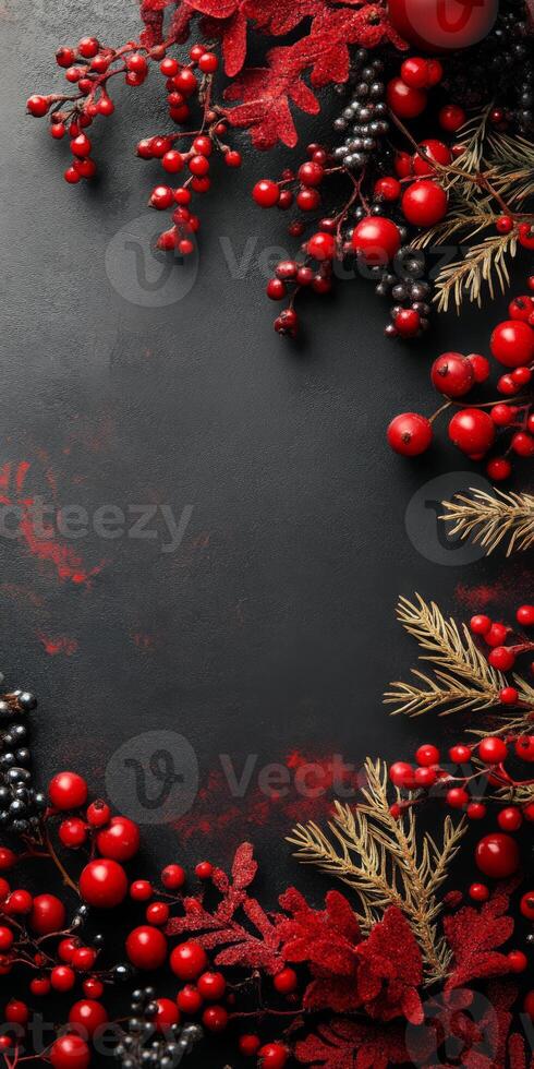 Festive Christmas Background with Red Berries, Pine Branches photo