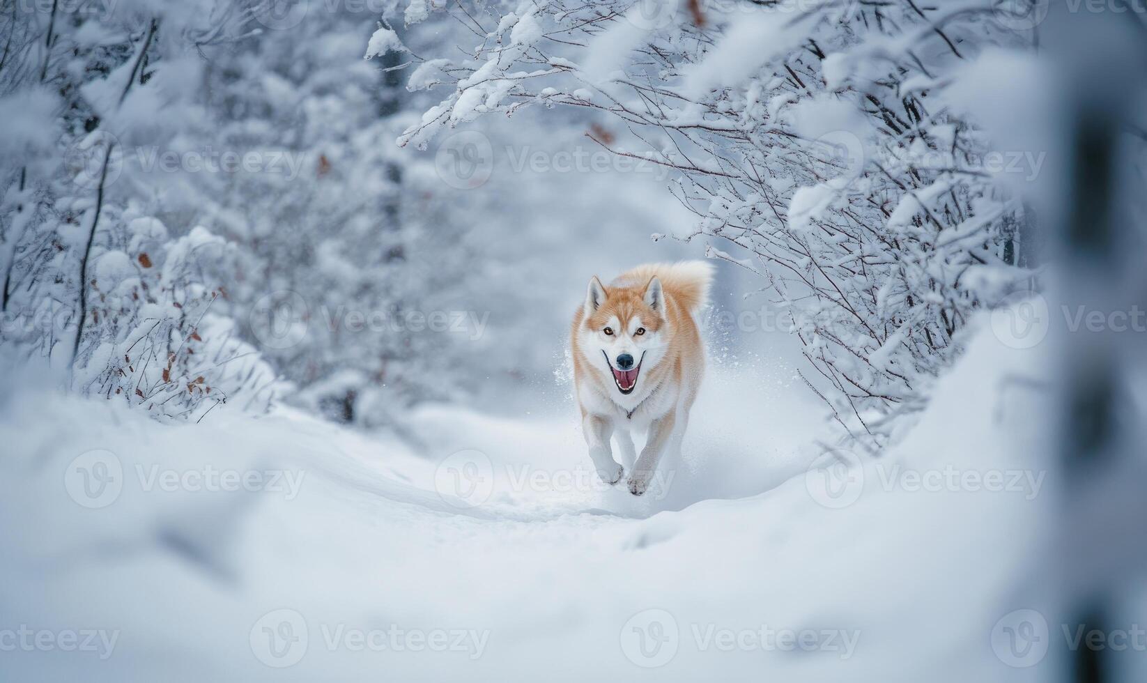 A dog is running through the snow in a forest photo