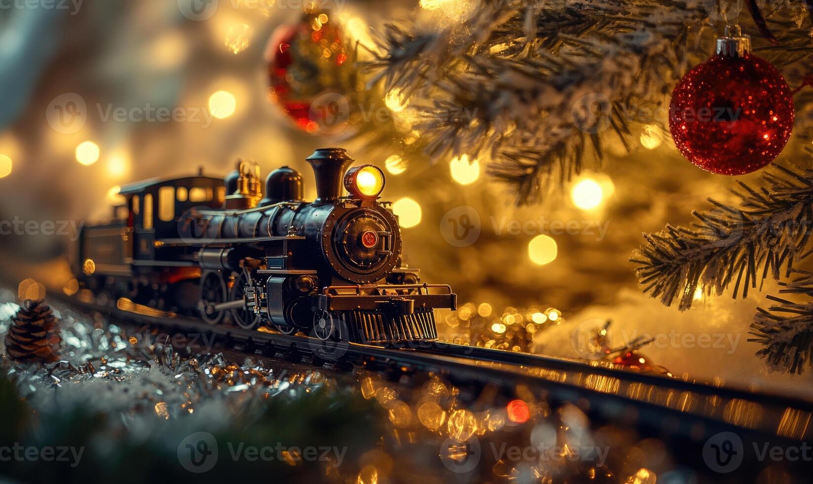 A train is on a track with a Christmas tree in the background photo
