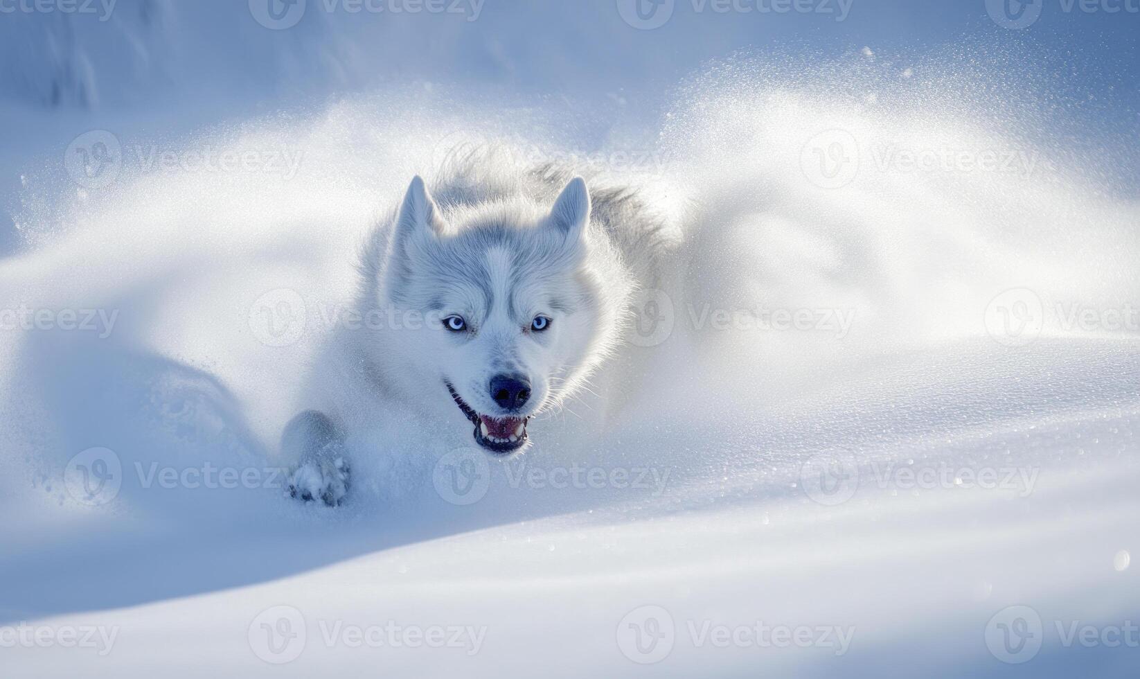 A white dog is running through the snow, leaving a trail of paw prints behind it photo