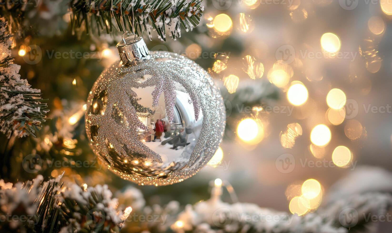 A silver ornament hanging from a Christmas tree photo