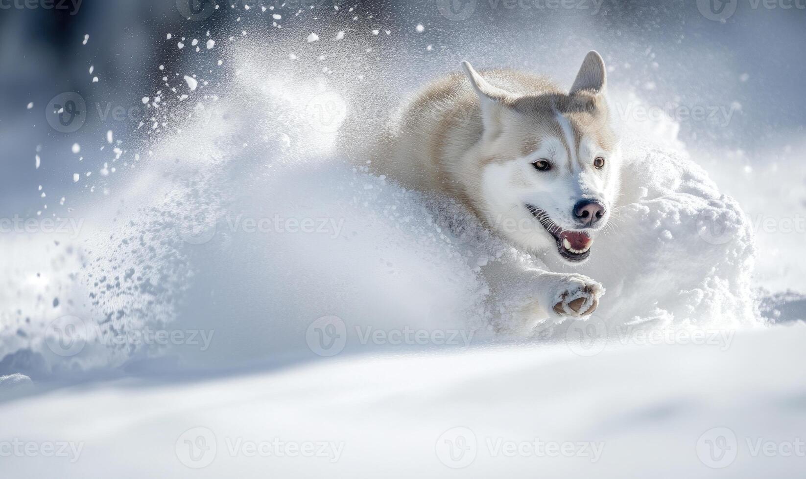 A dog is running through the snow, leaving a trail of white powder behind it photo