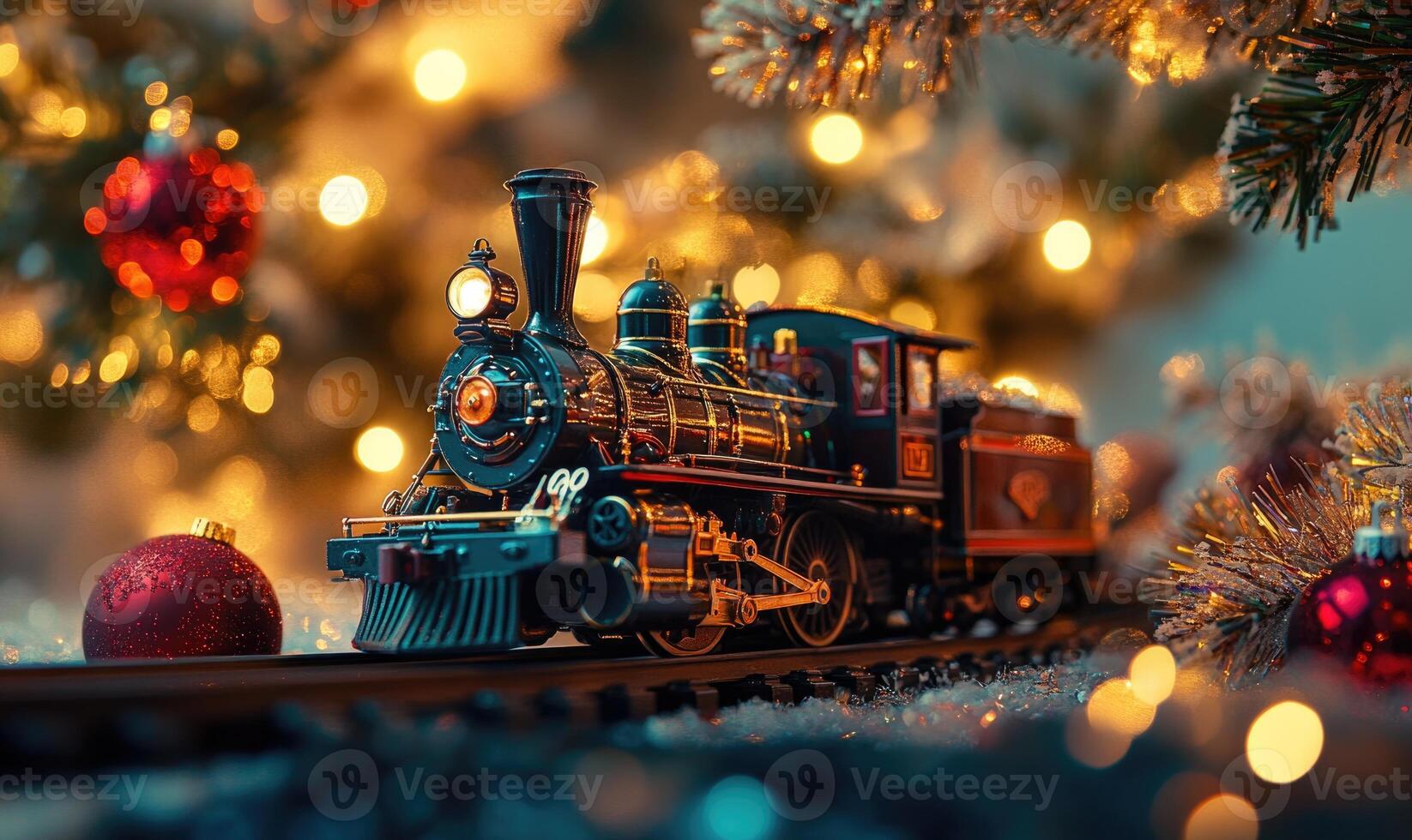 A train is on a track with a Christmas tree in the background photo