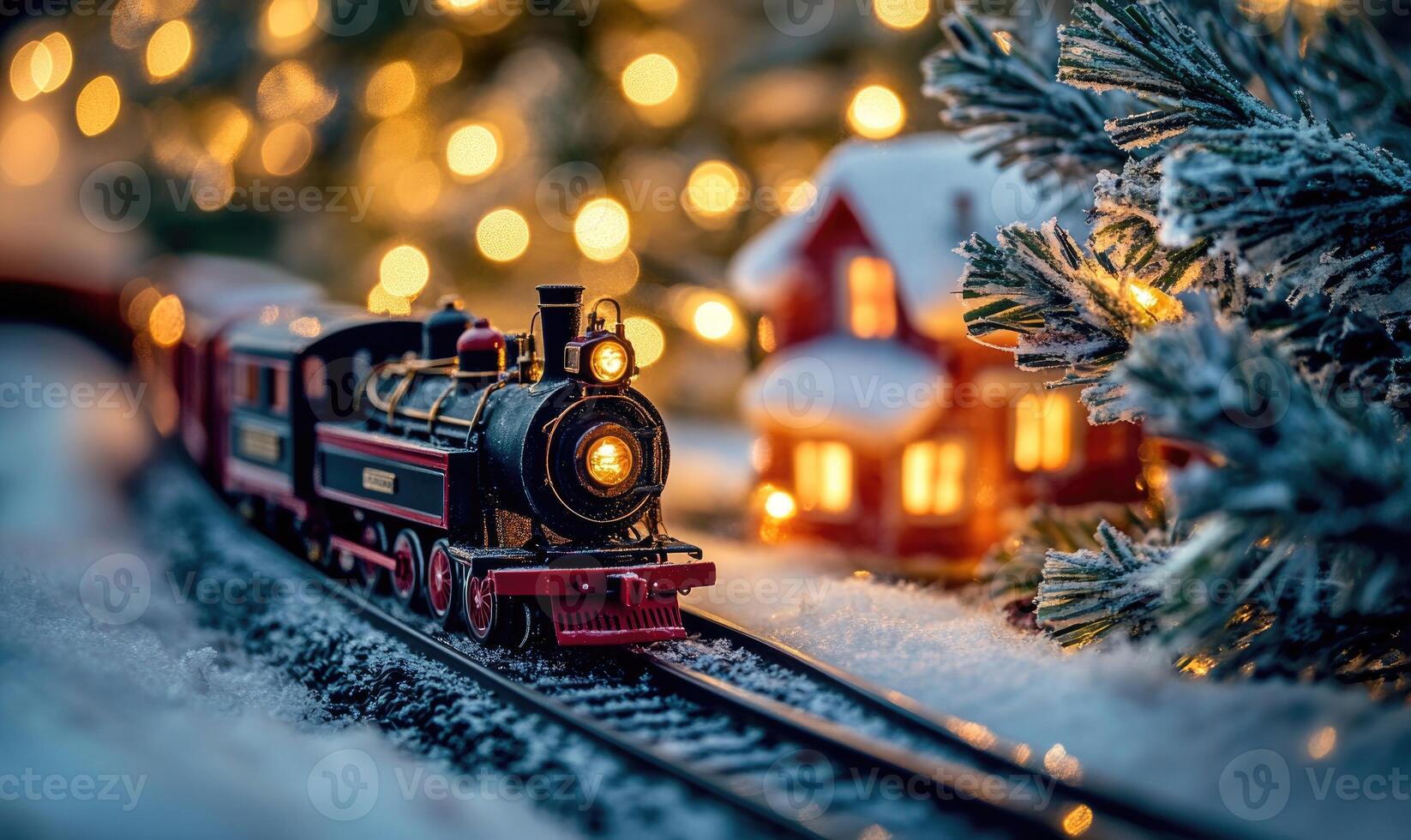 A train is traveling down a snowy track next to a house photo