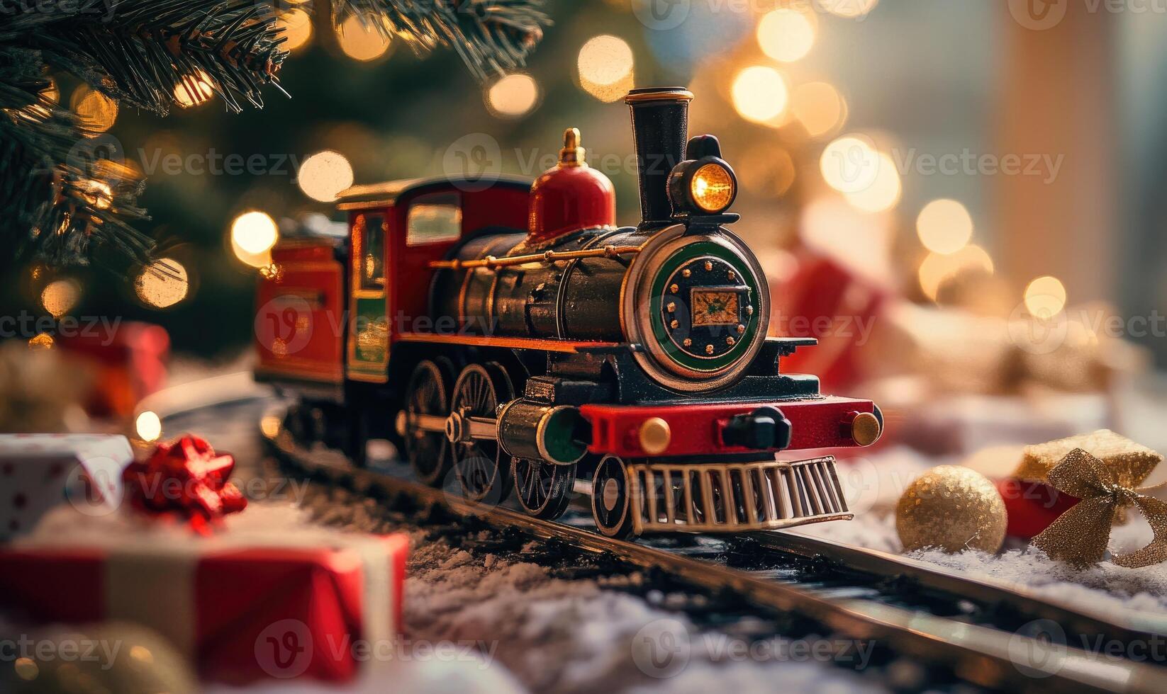 A train is on a track with a Christmas tree in the background photo