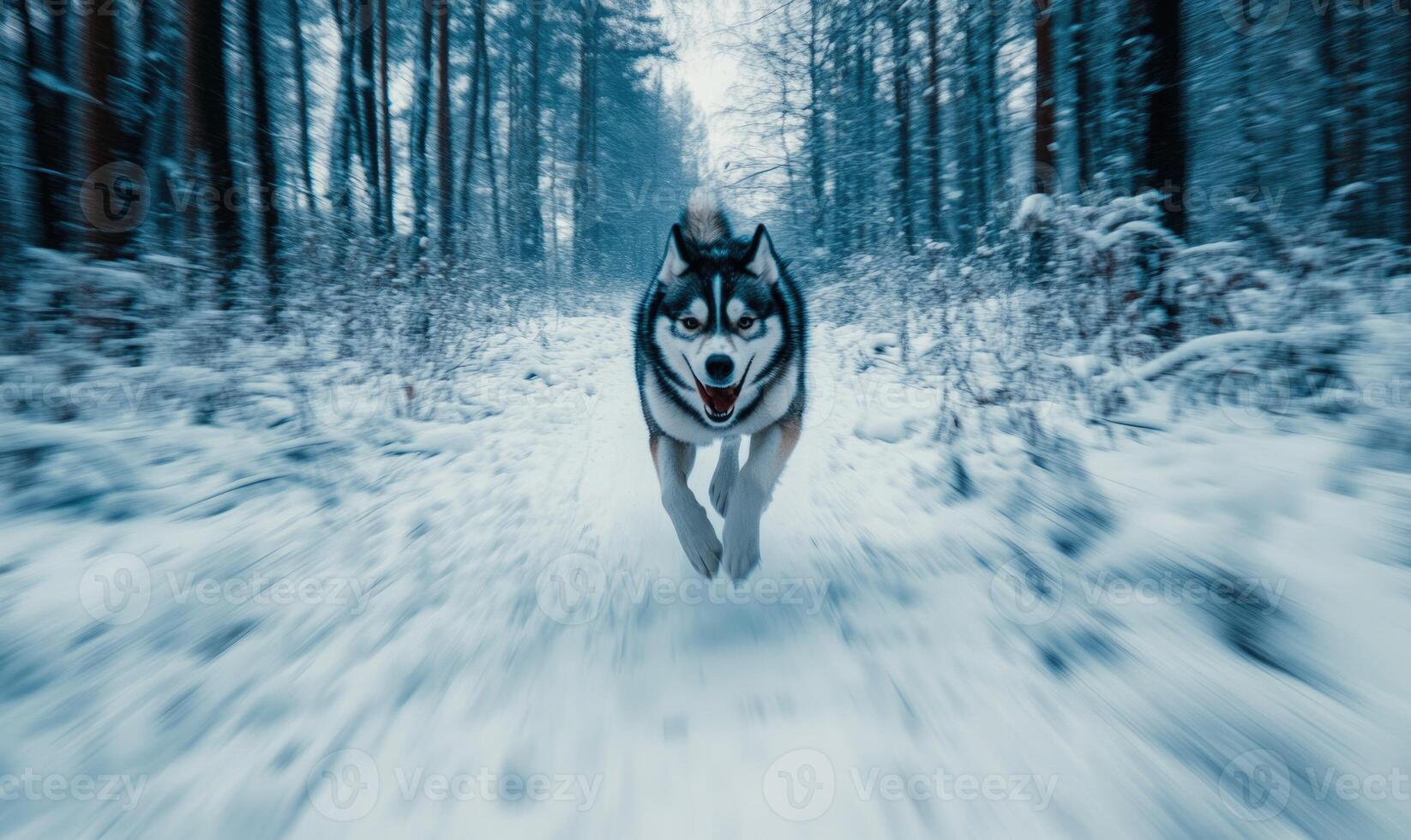 A dog is running through the snow in a forest photo