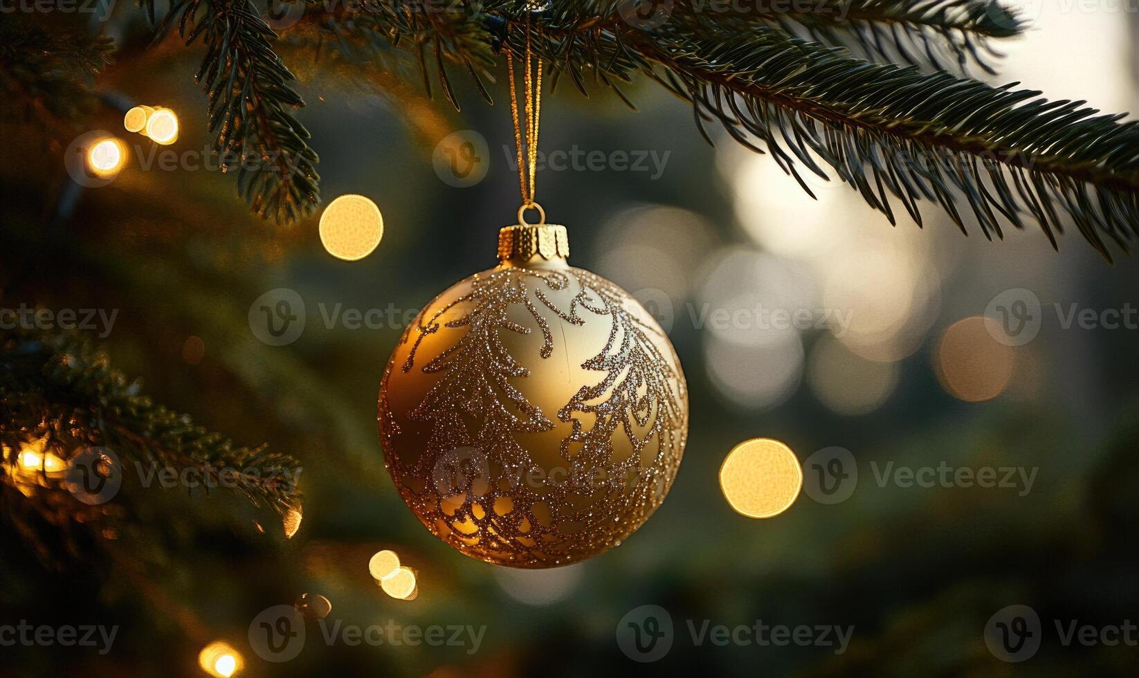 A gold ornament hangs from a Christmas tree photo