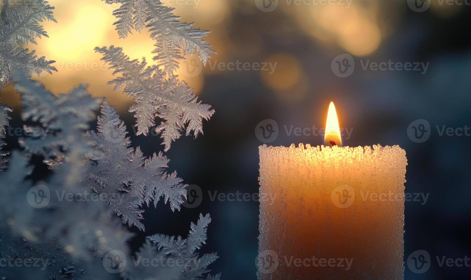 A candle is lit in front of a tree covered in frost photo