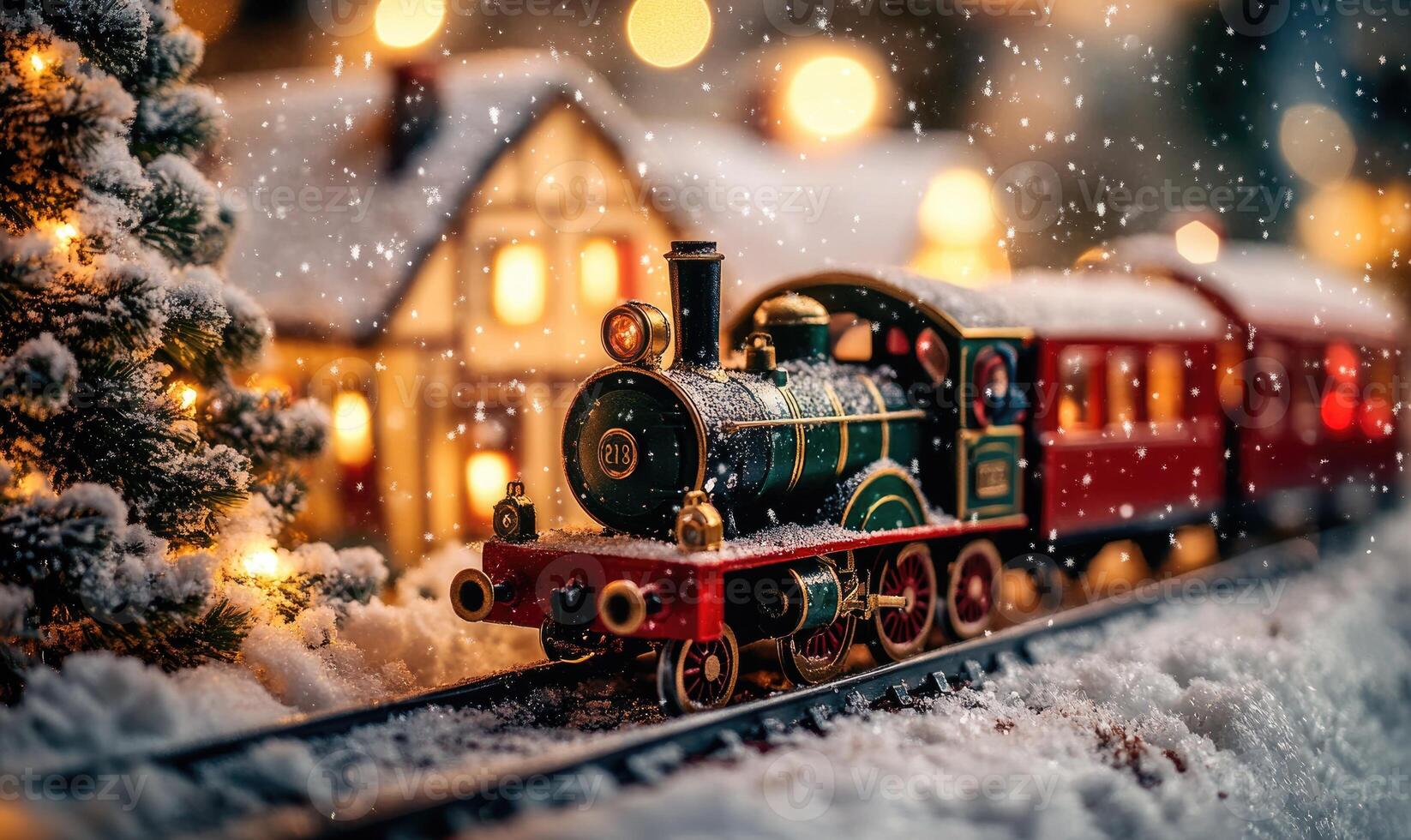 A small train is traveling down a snowy track next to a house photo