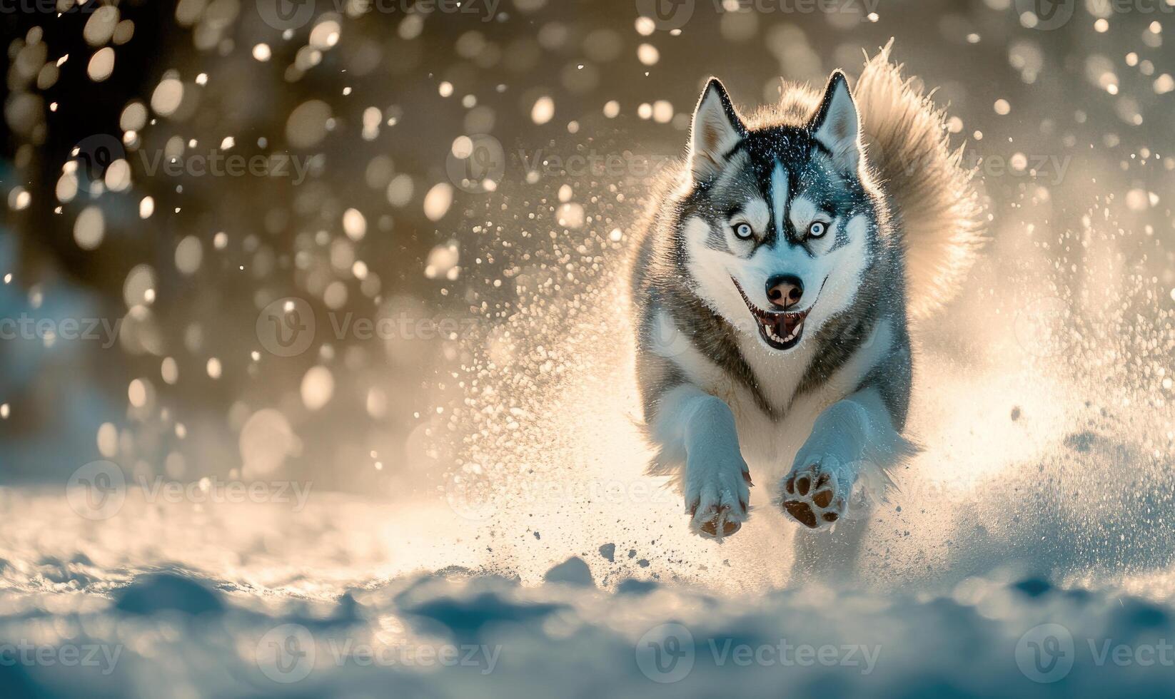 A dog is running through the snow with its tongue out photo