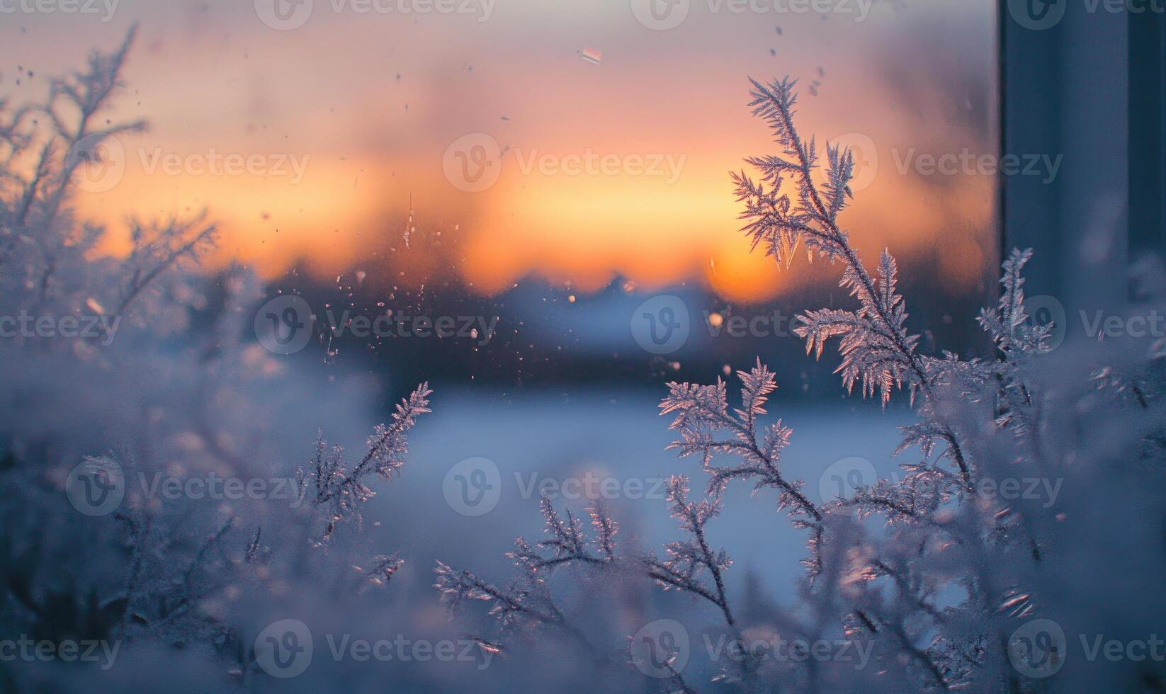 A close up of a snowy landscape with a beautiful sunset in the background photo