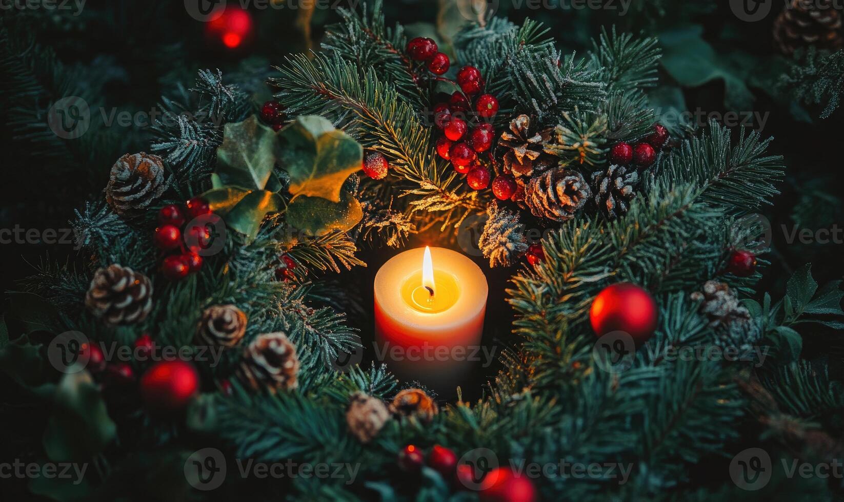 A candle is lit in a wreath of evergreen branches photo