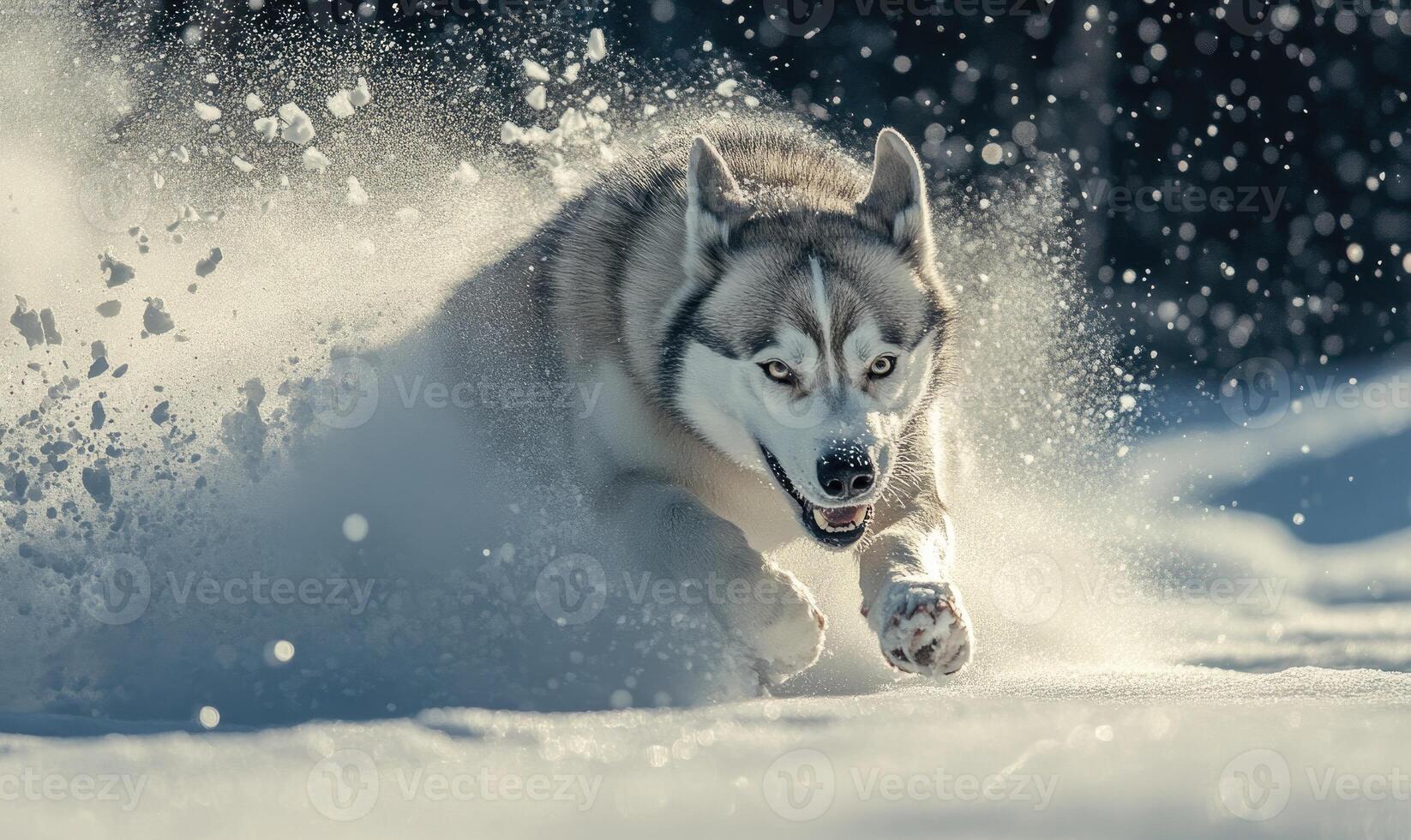 A dog is running through the snow with its mouth open photo