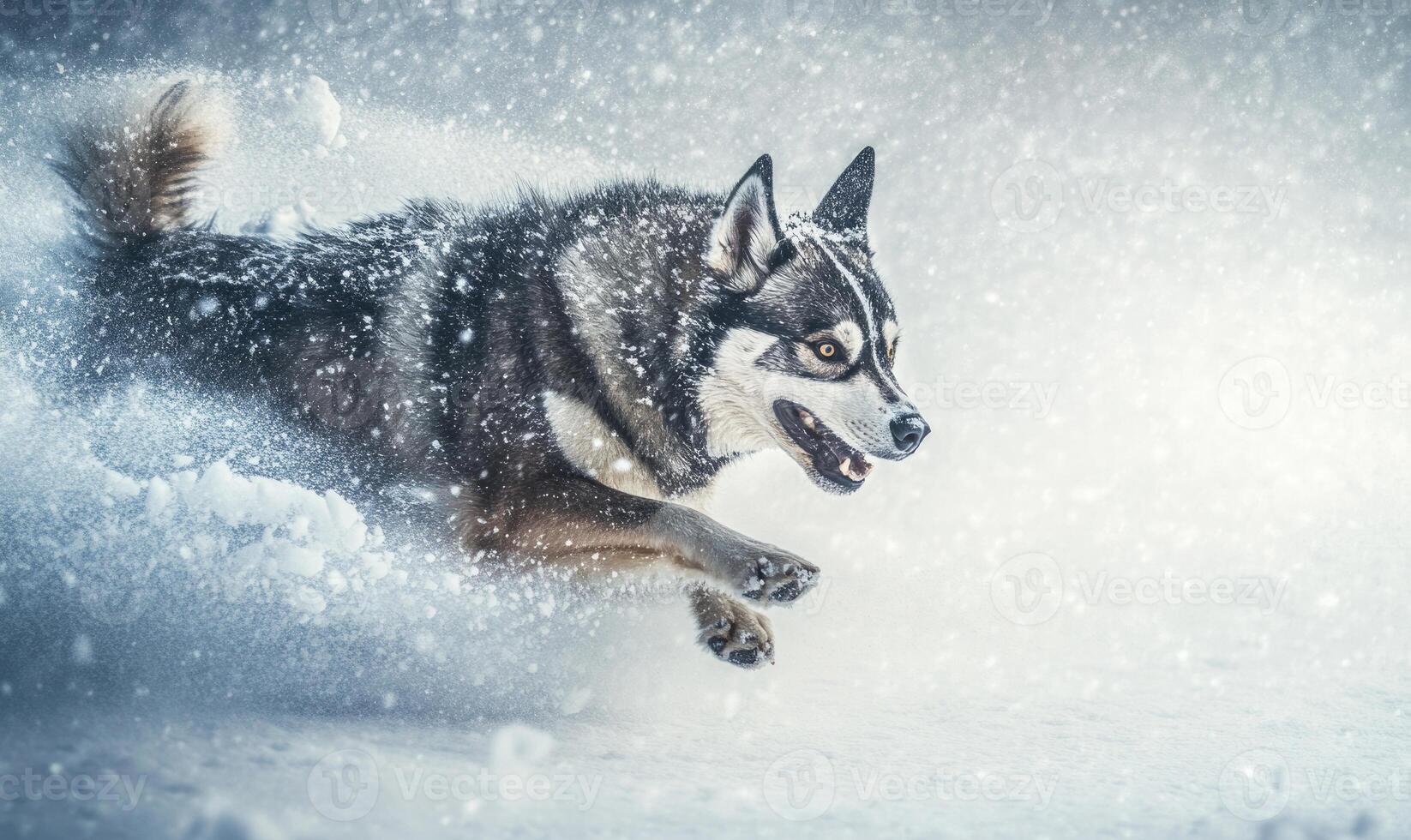 A dog is running through the snow photo