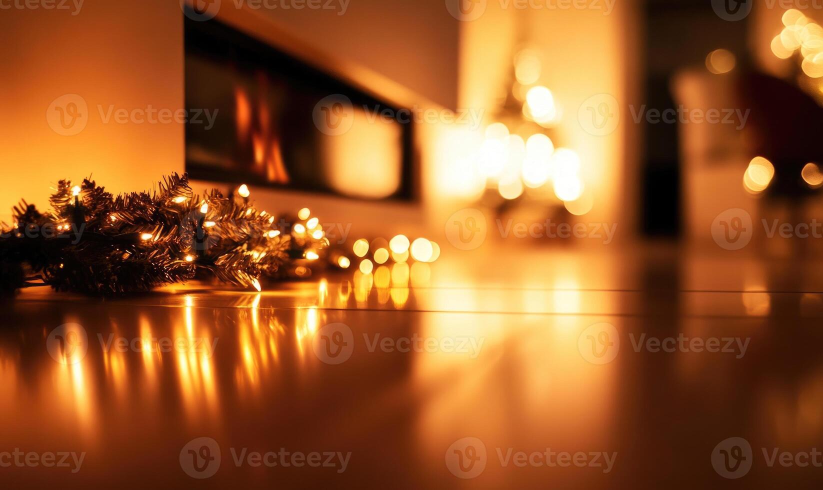 A Christmas tree is lit up with lights and a wreath is on the floor photo
