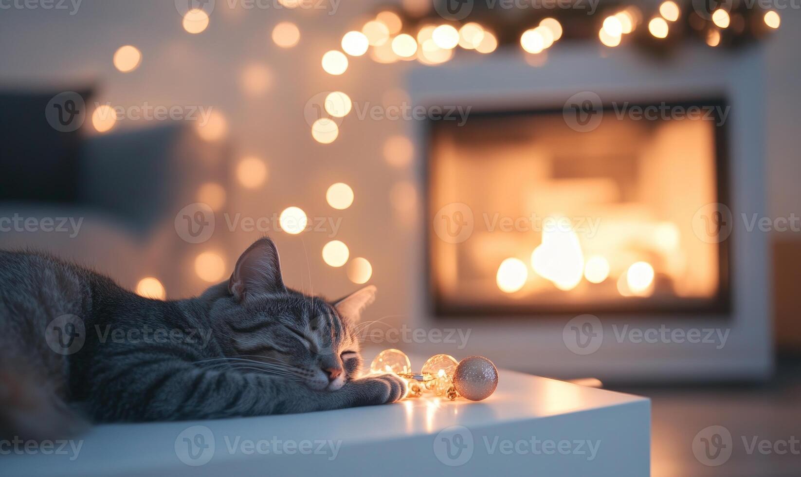 A cat is sleeping on a table next to a fireplace photo