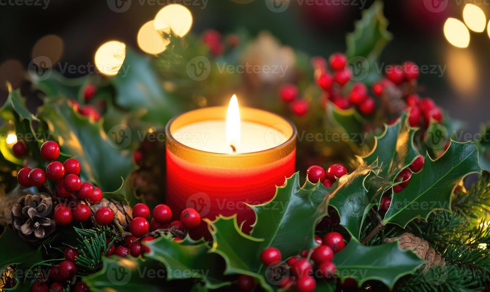 A candle is lit in a wreath of red berries photo