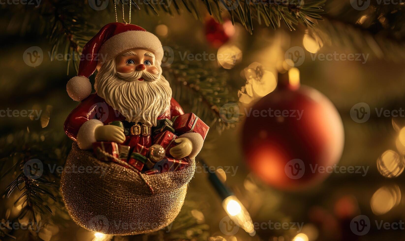 A santa Claus ornament is hanging from a tree photo
