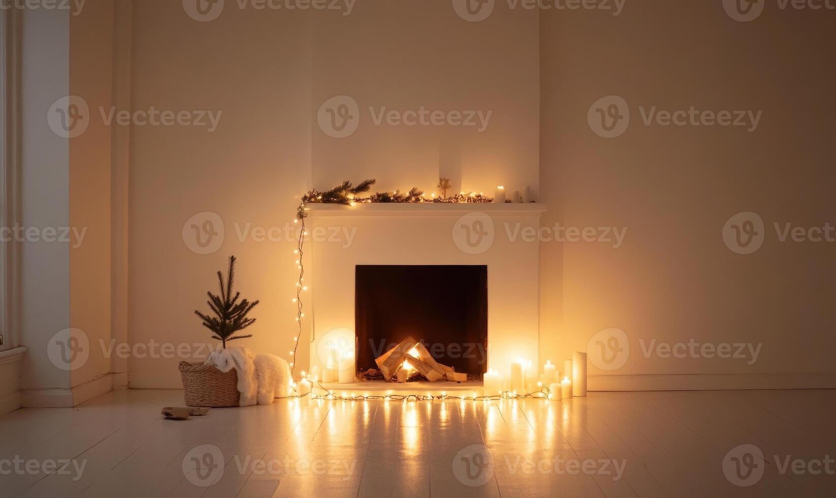 A fireplace with a Christmas tree and lights on it photo