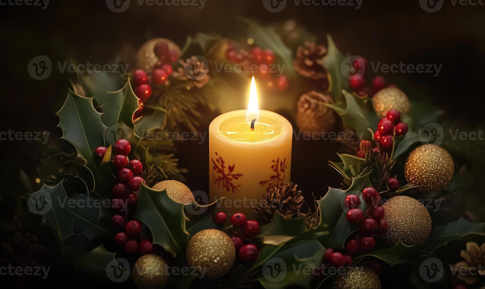 A candle is lit in a wreath of red berries and pine cones photo