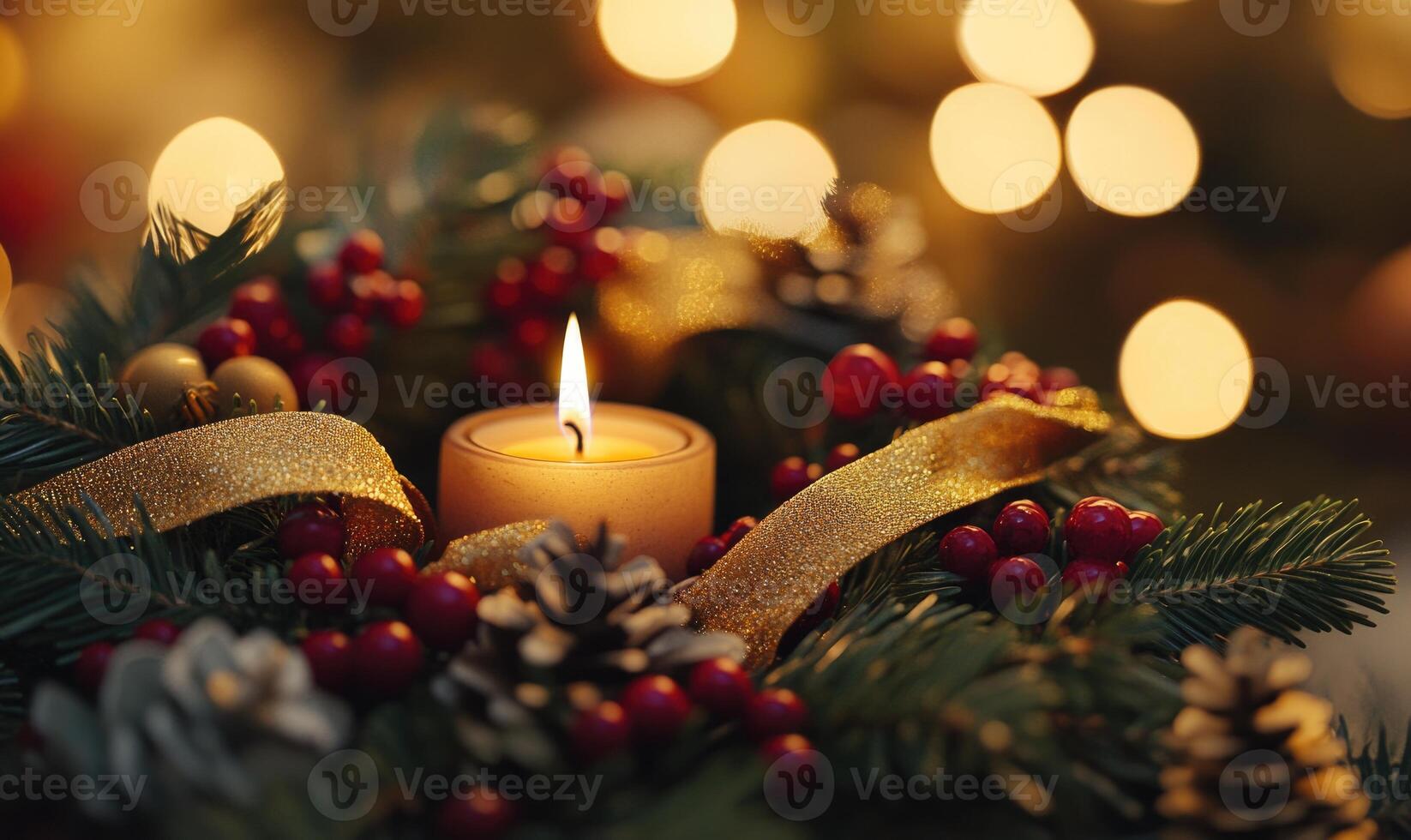 A candle is lit in a wreath of red berries and pine cones photo