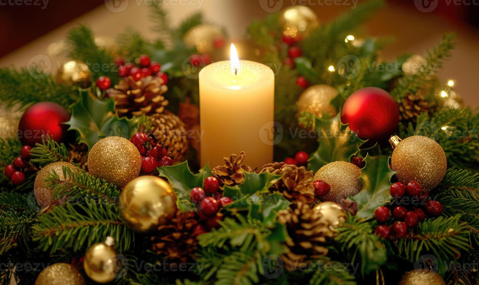 A candle is lit in a wreath of evergreen branches and red berries photo