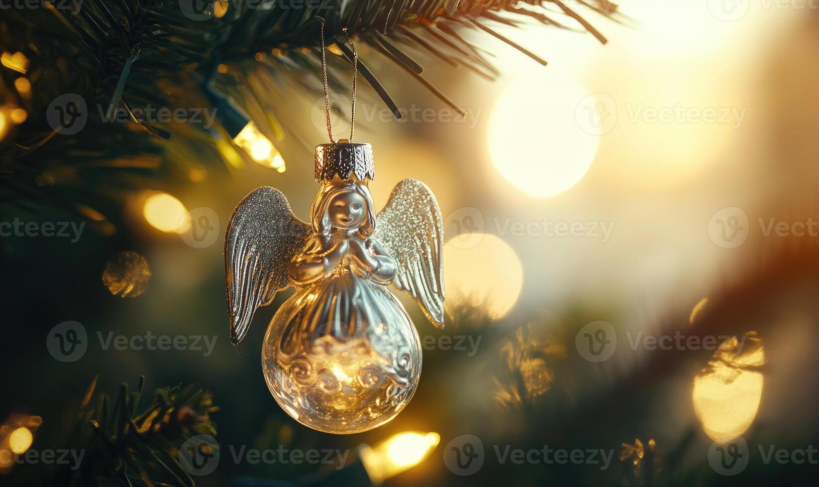 A silver angel ornament hangs from a Christmas tree photo
