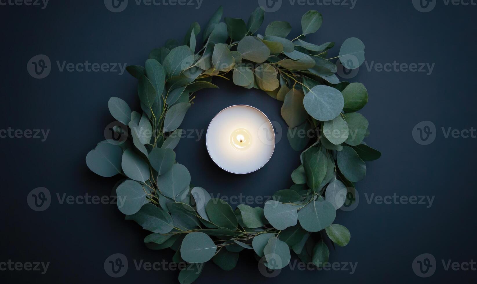 A candle is lit in the center of a wreath of green leaves photo