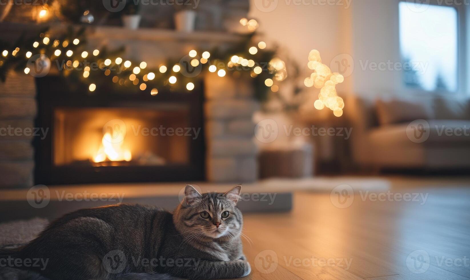 A cat is laying on the floor in front of a fireplace photo