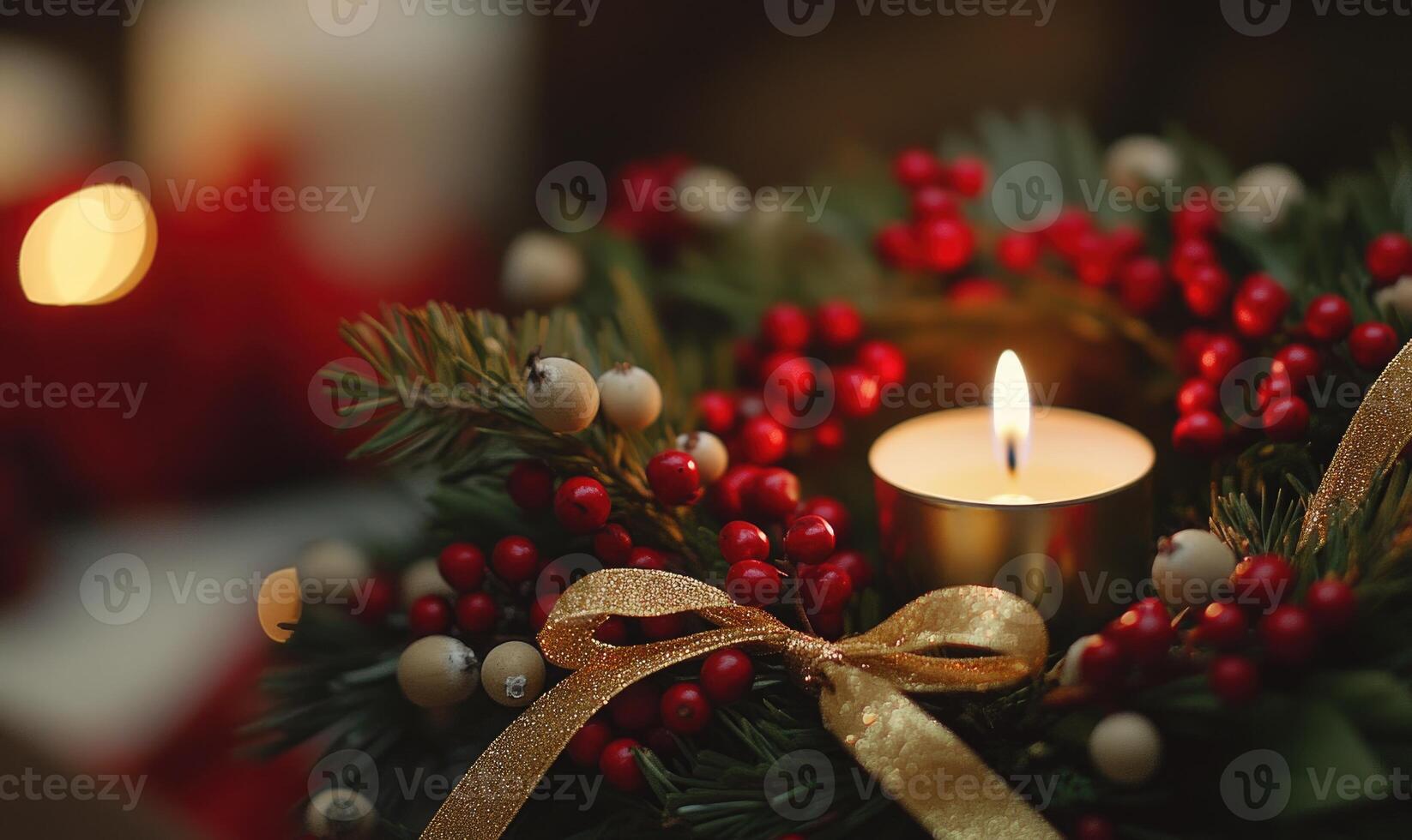 A wreath of red berries with a lit candle in the center photo