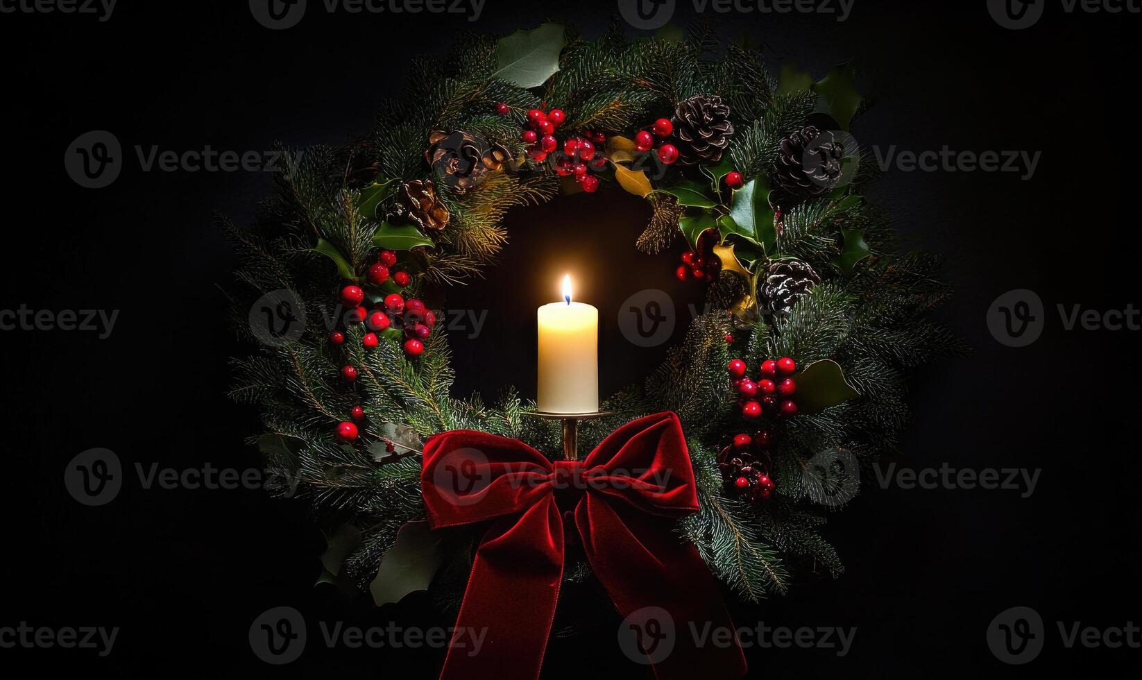 A wreath with a candle in it is lit up photo