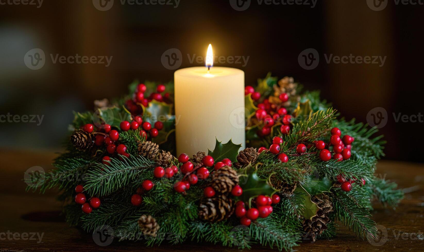 A candle is lit in a wreath of evergreen branches photo