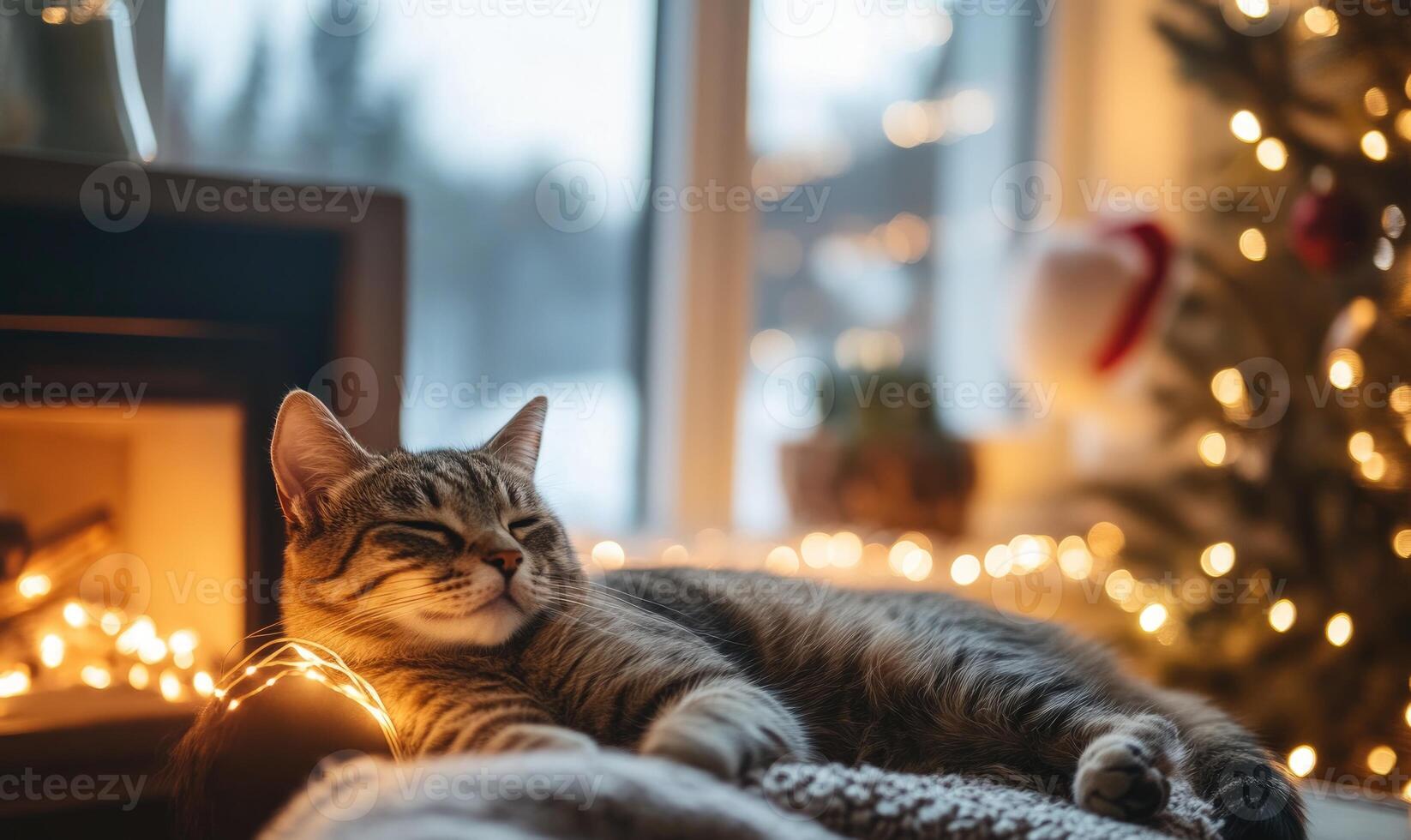 A cat is laying on a blanket in front of a Christmas tree photo