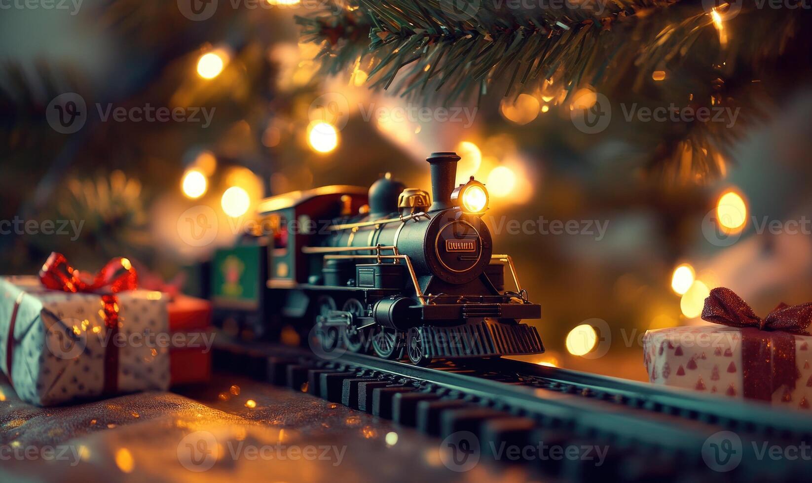 A train is on a track next to a Christmas tree and presents photo