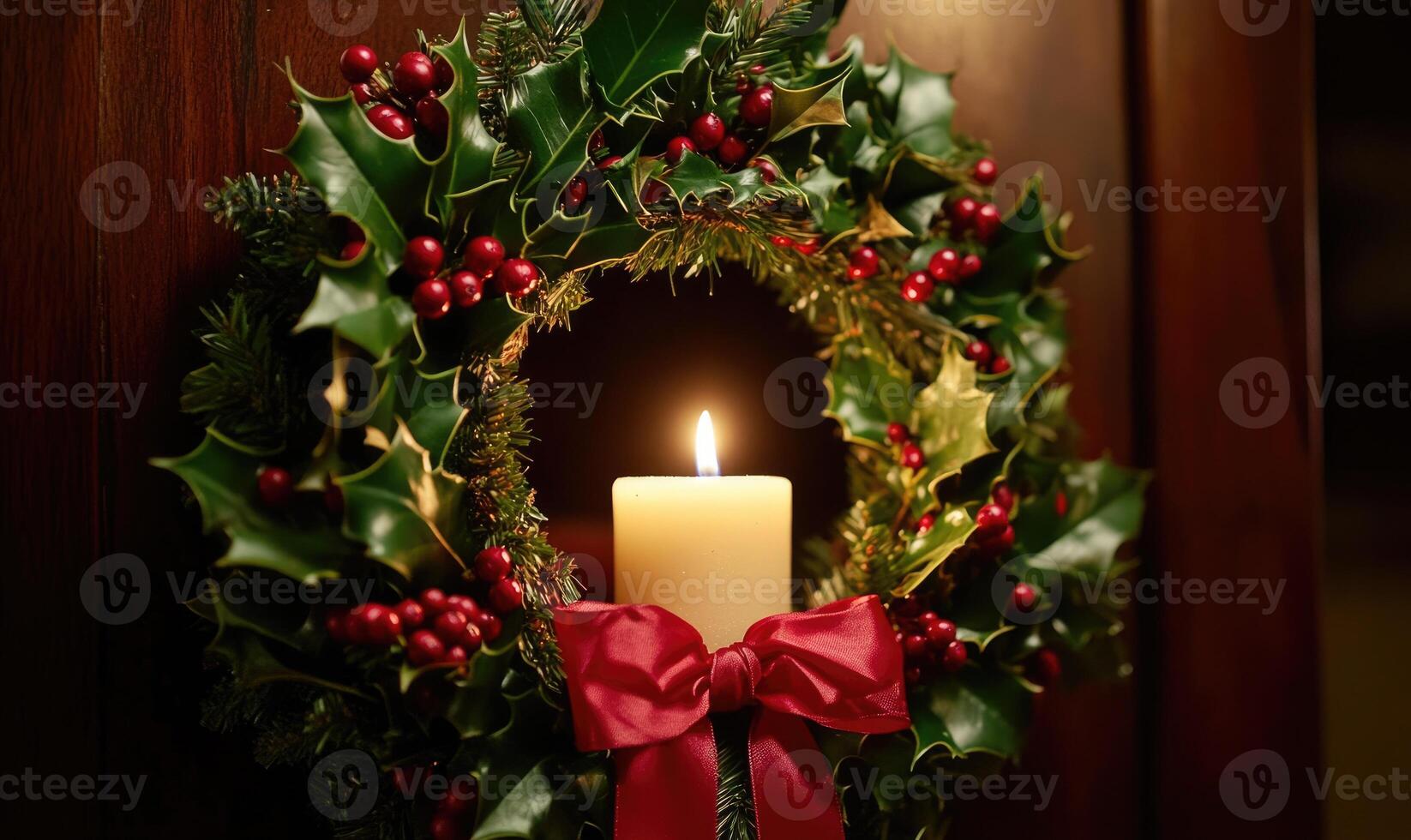 A wreath with a candle in it is lit up photo