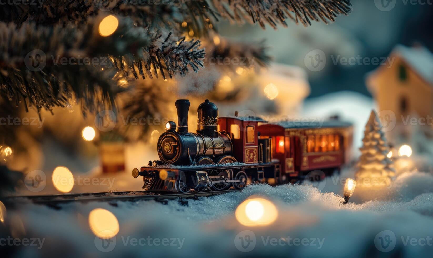 A small train is sitting on a snowy track photo