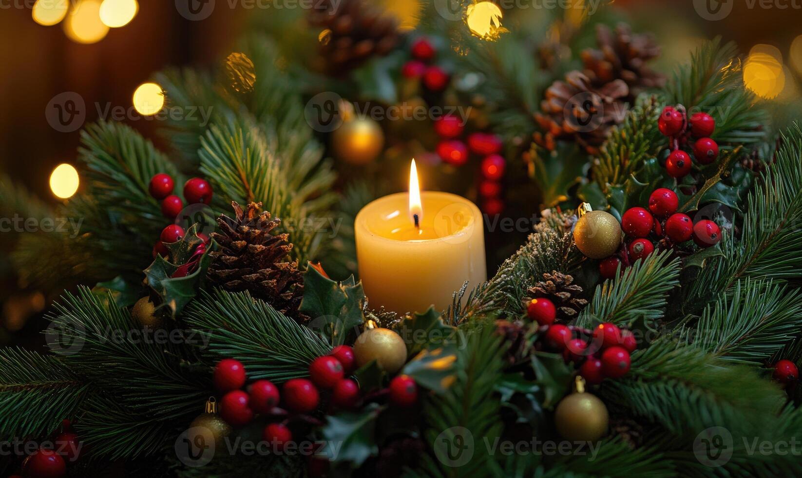 A candle is lit in a wreath of evergreen branches photo