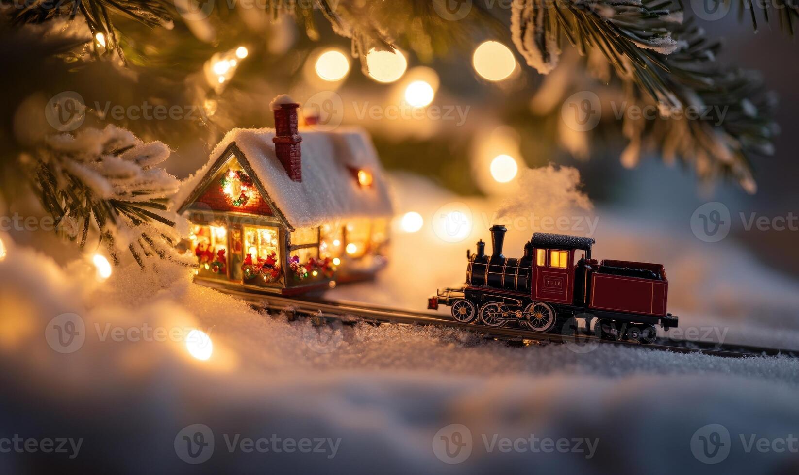 A small train is on a track next to a house photo