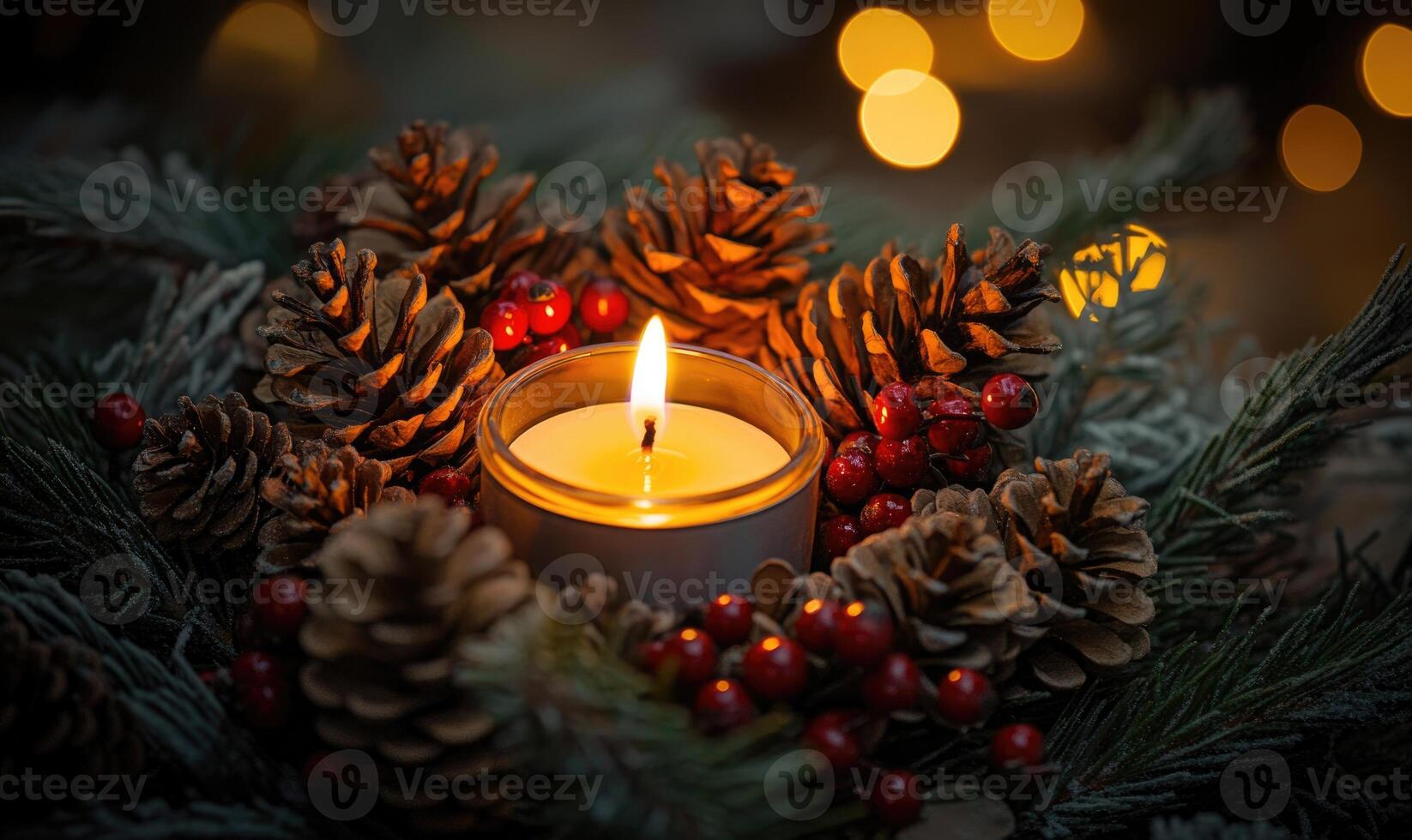 A candle is lit in a glass container with pine cones and berries photo