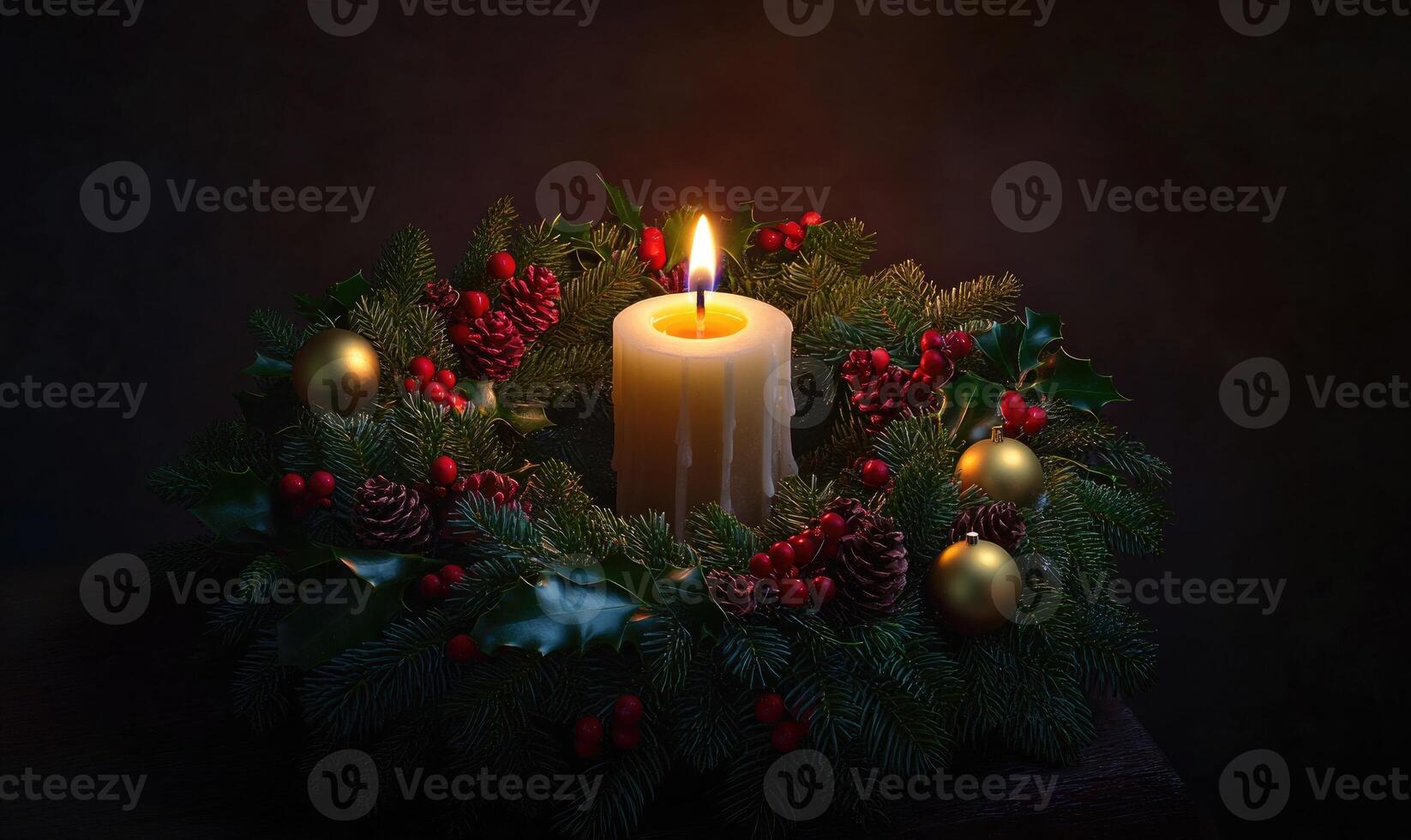 A candle is lit in a wreath of evergreen branches photo