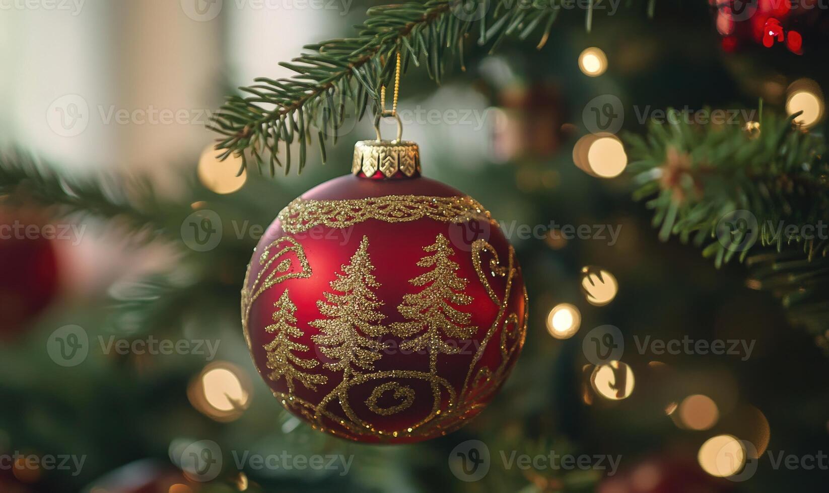 A red ornament with trees on it hangs on a Christmas tree photo