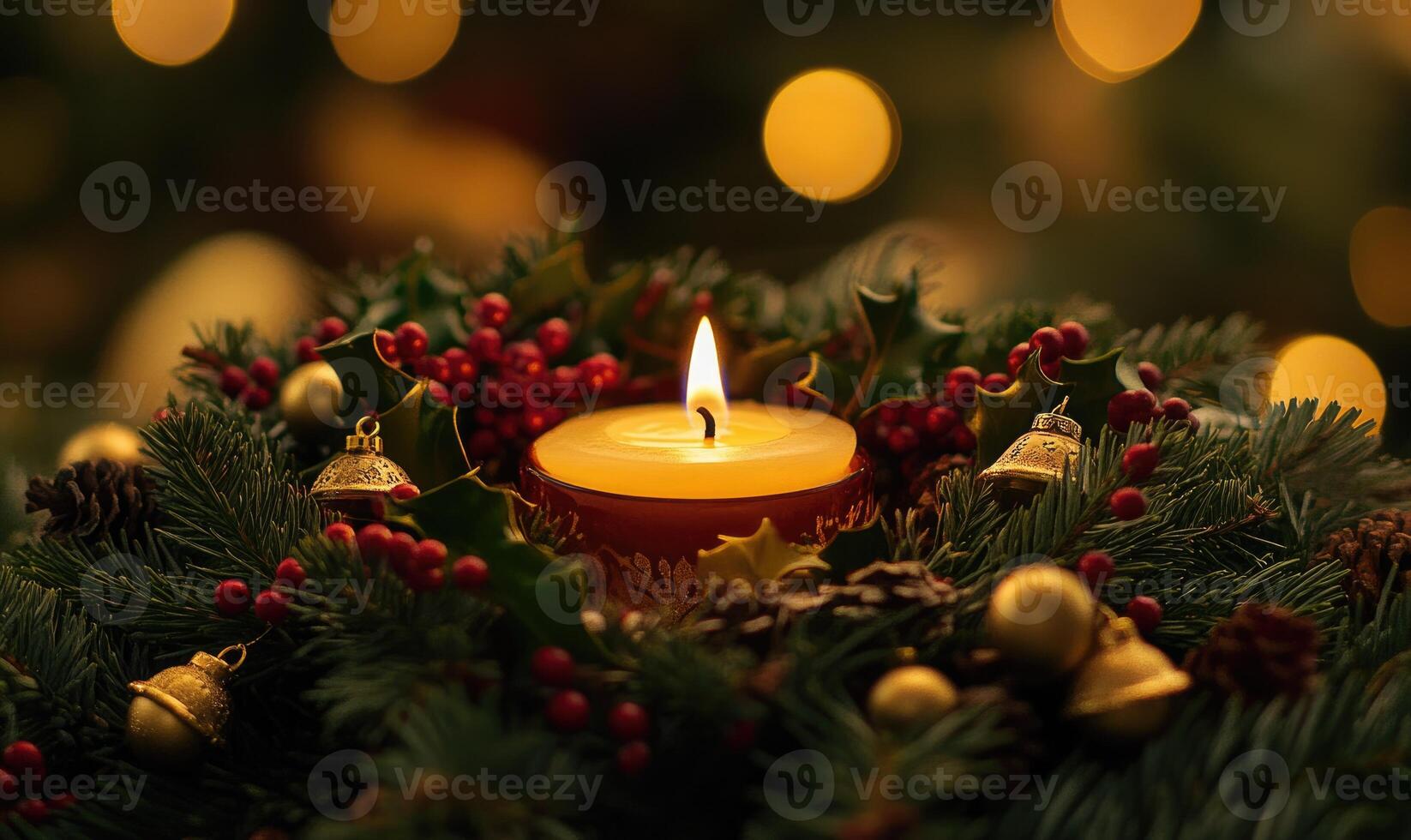 A candle is lit in a wreath of evergreen branches photo
