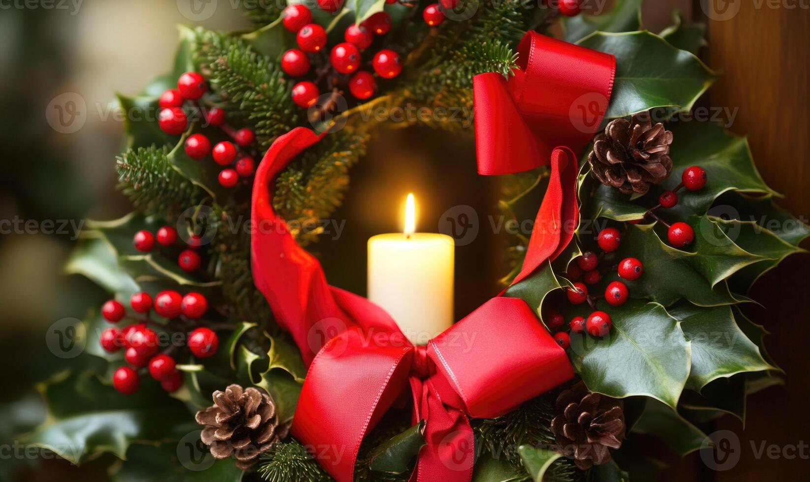 A wreath with red ribbon and red berries and a candle in the center photo