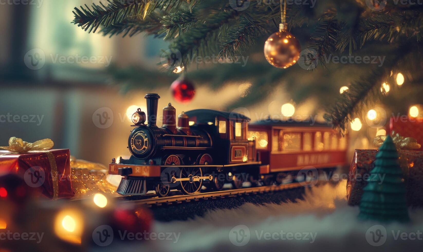 A train is on a track next to a Christmas tree photo